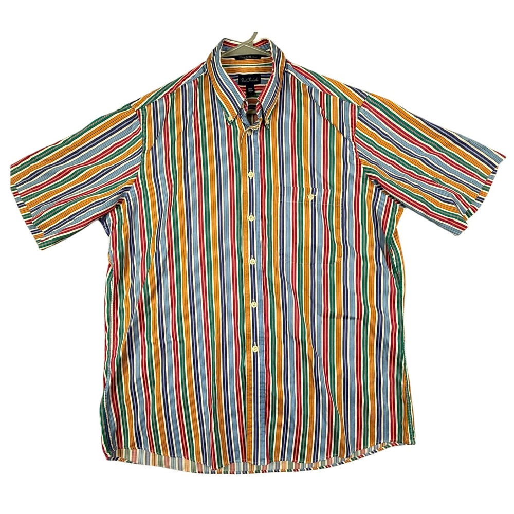 Paul Fredrick Mens Short Sleeve Button Down Shirt Multicolor Stripe Cotton Sze L